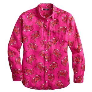 J. Crew 100% Linen Crab Print Boy Shirt SZ 12 Fuchsia Pink Dopamine Novelty